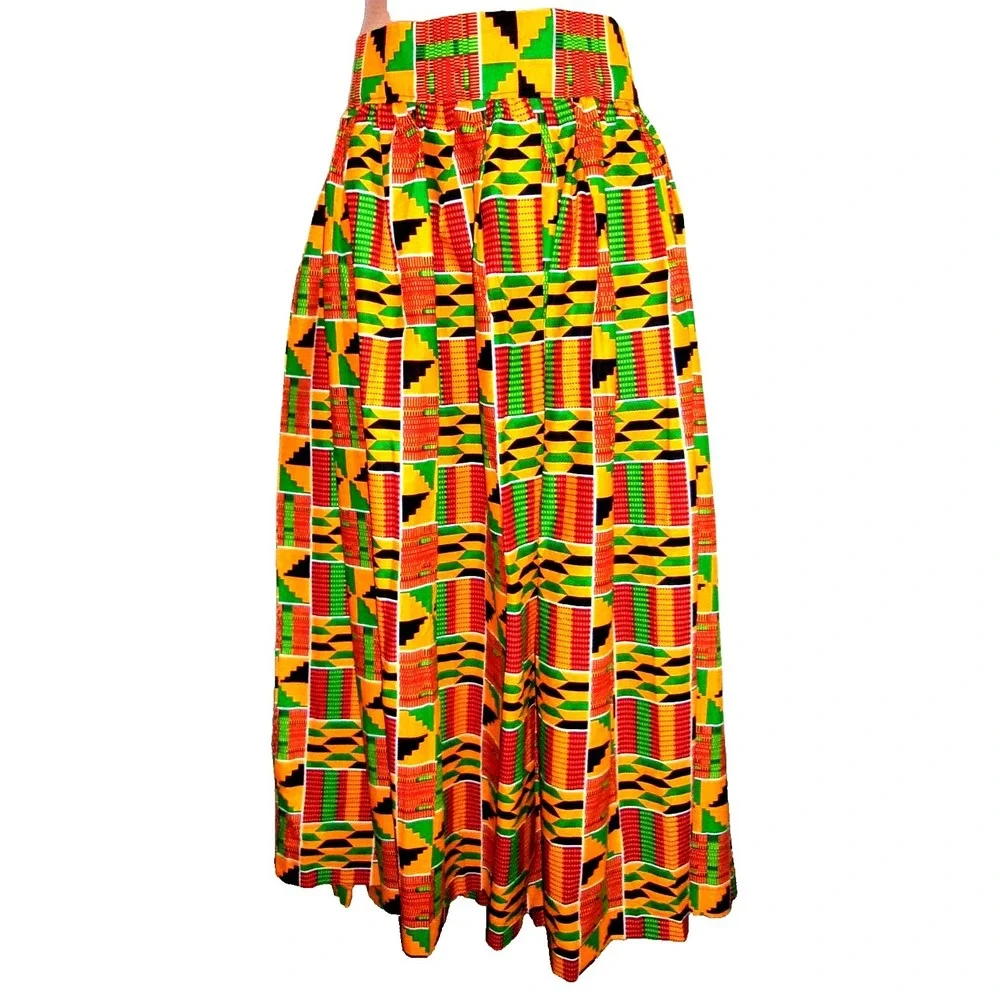 African Ethnic Women Maxi Long Skirt Plus 4X Orange Binta Real Wax Block Print